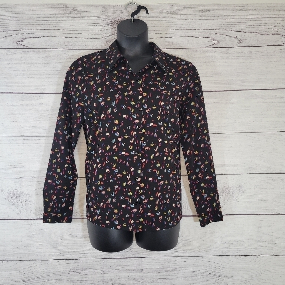 CAbi Black & Brushstroke Graphic Button-Down Blouse Sz Lg